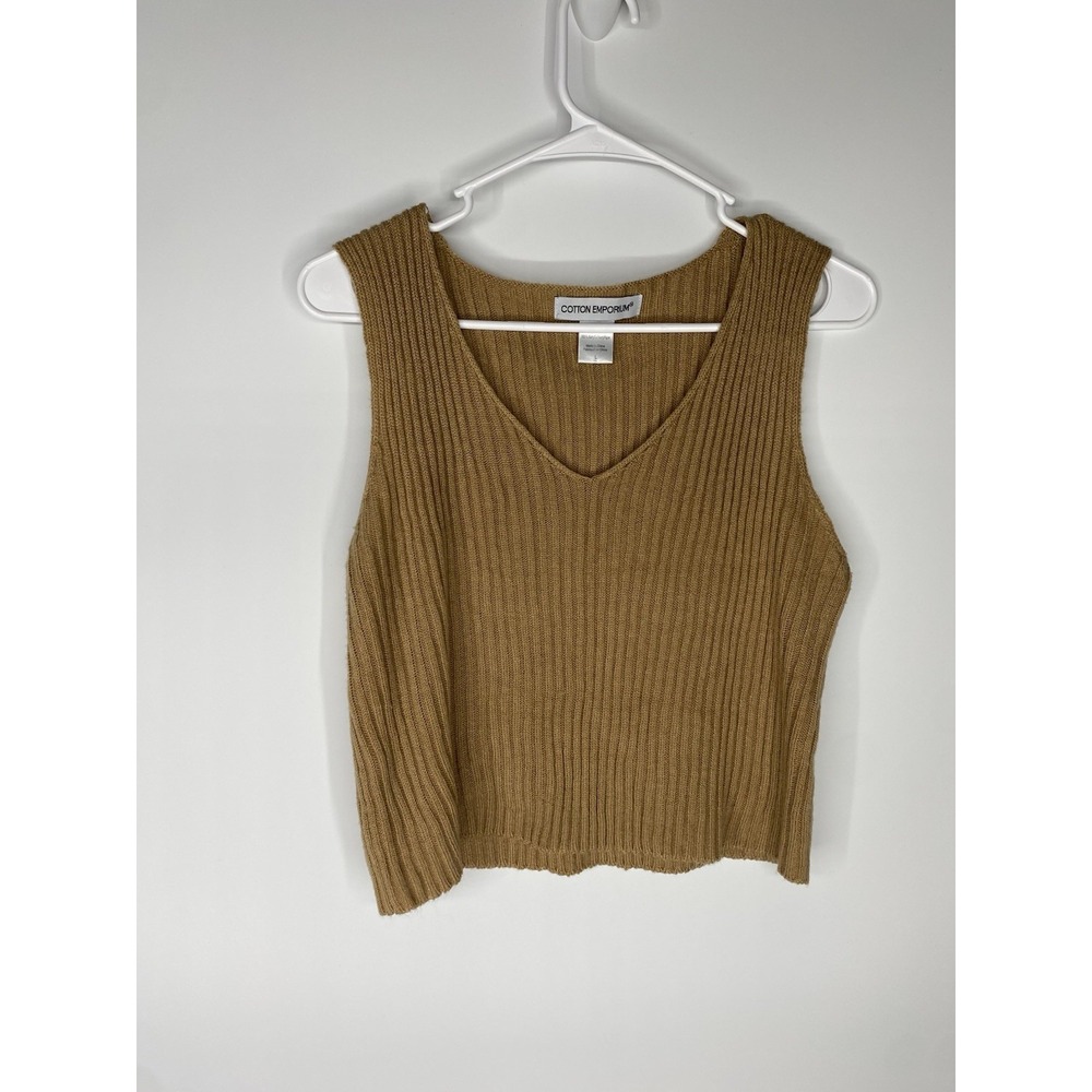 Womens Cotton Emporium Tan Ribbed Sleeveless Shirt Size L 100% Acrylic